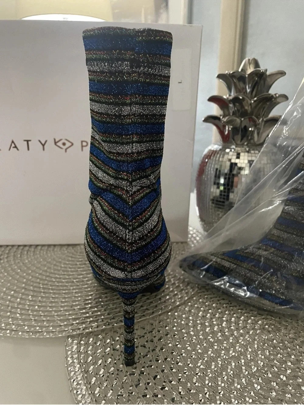 Katy Perry The Destiny Striped Glitter Sock Boot - Blue/Black size 9.5 NWT